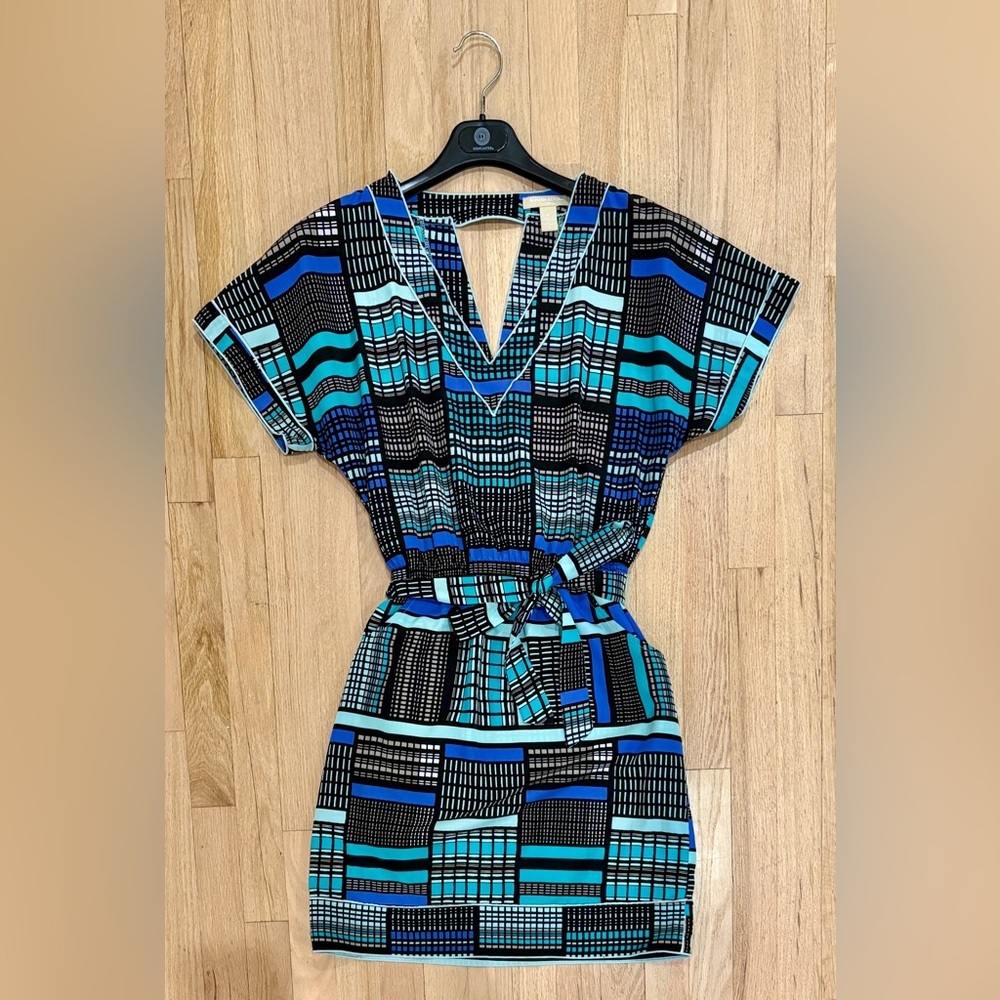 Women’s Banana Republic Blue Green Geometric Dress, Tie Waist, Cutout, V-Neck, 4